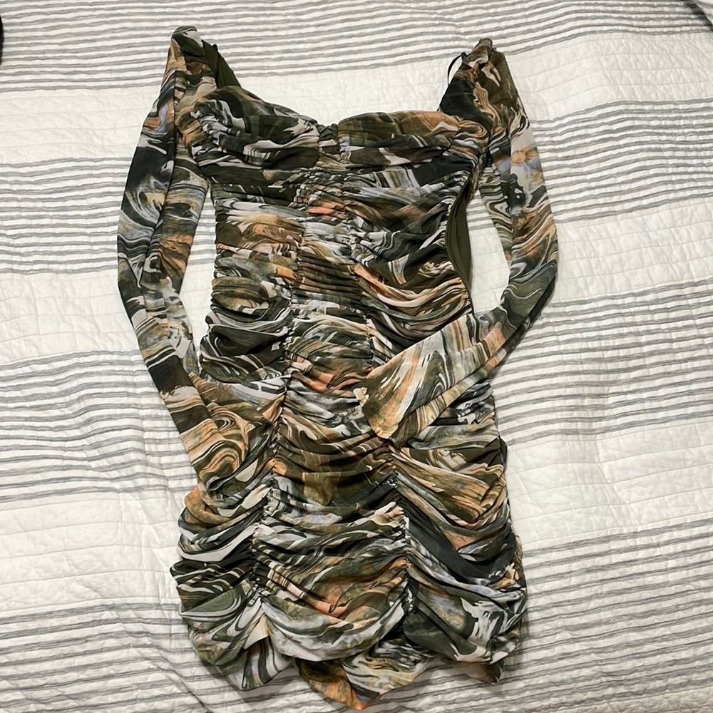 Zara Long Sleeve Ruched Green Printed Mini Dress